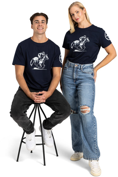 premium quality navy crewneck men's and women's sport t-shirt featuring a racehorse and fox graphic design