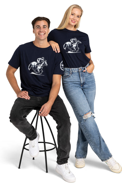 premium quality navy crewneck men's and women's sport t-shirt featuring a racehorse and fox graphic design