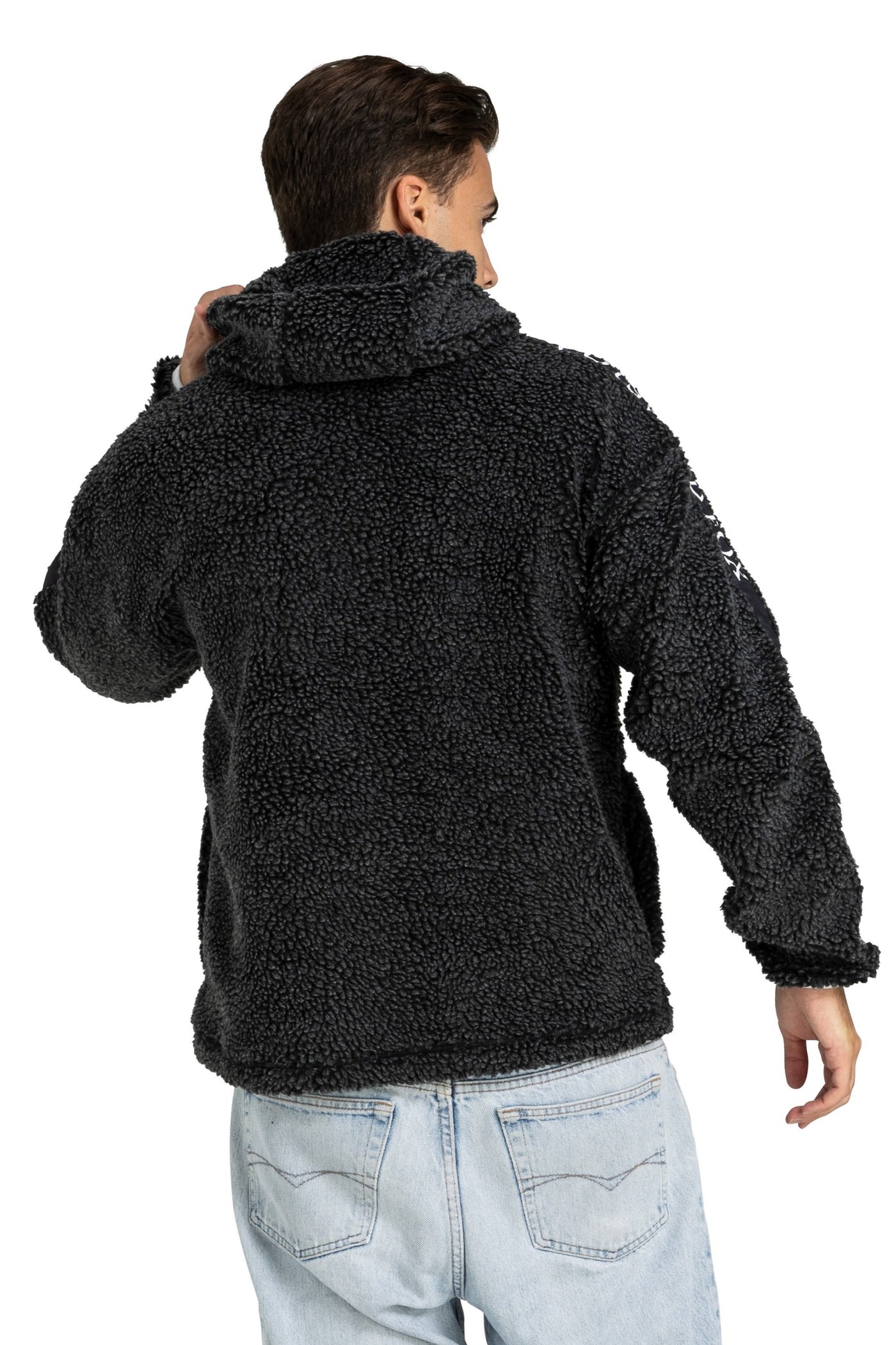 charcoal grey and black unisex cosy and warm polar fleece hoodie for men and women