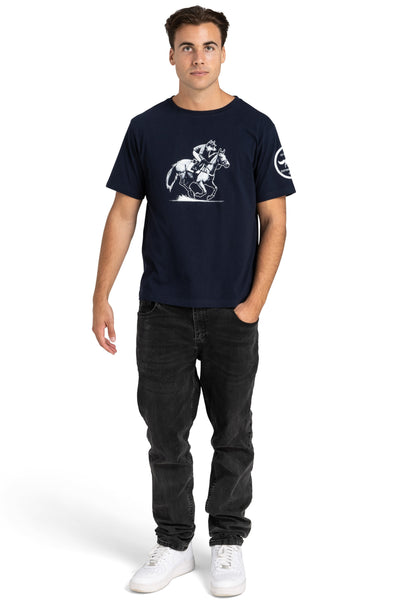 premium quality navy crewneck men's and women's sport t-shirt featuring a racehorse and fox graphic design