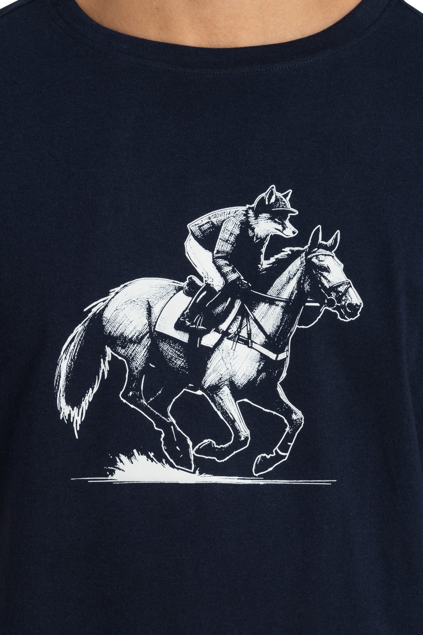 premium quality navy crewneck men's and women's sport t-shirt featuring a racehorse and fox graphic design