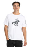 premium quality white crewneck men's and women's sport t-shirt featuring a racehorse and fox graphic design