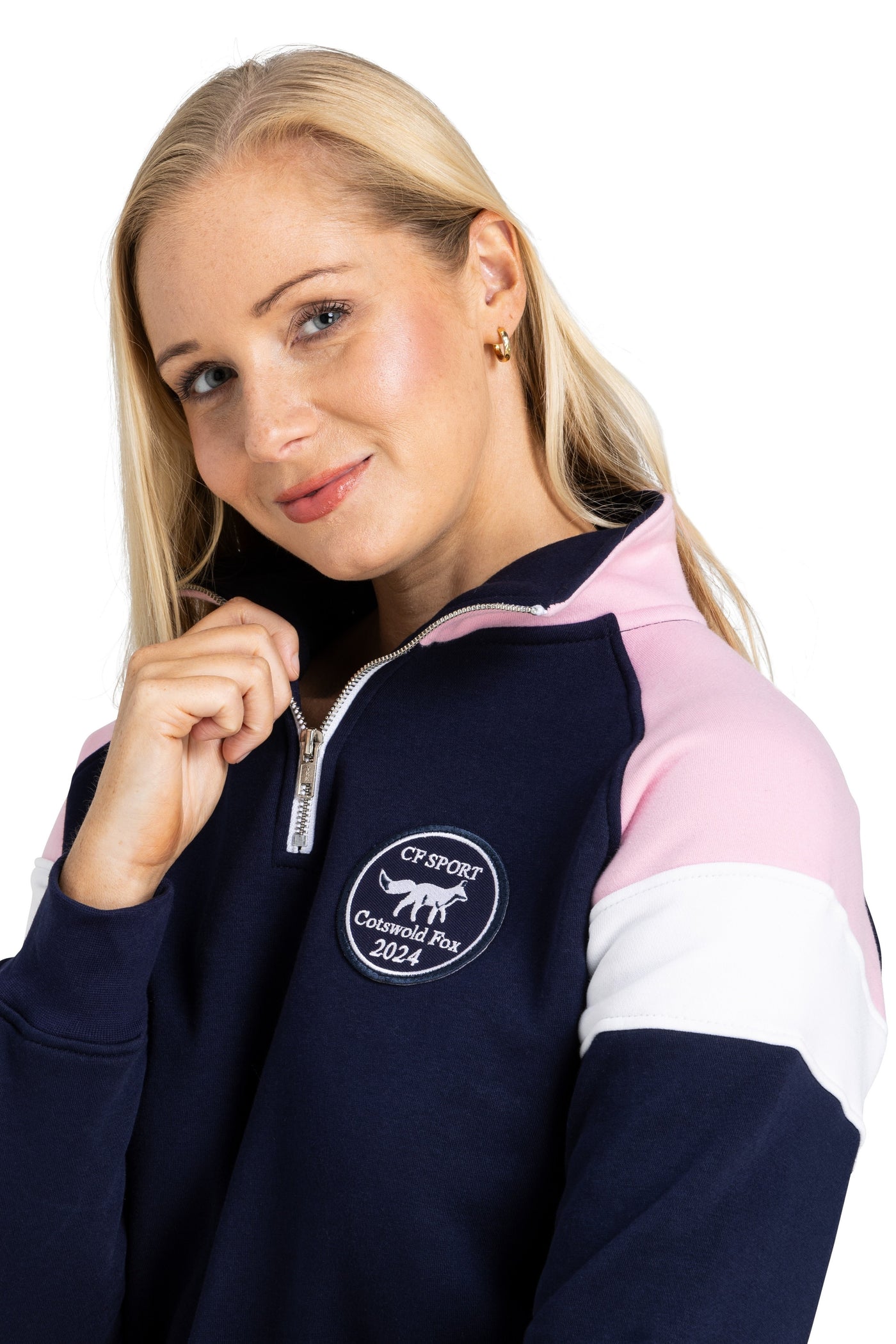 quality cotton navy, pink and white cropped women's quarter zip jumper