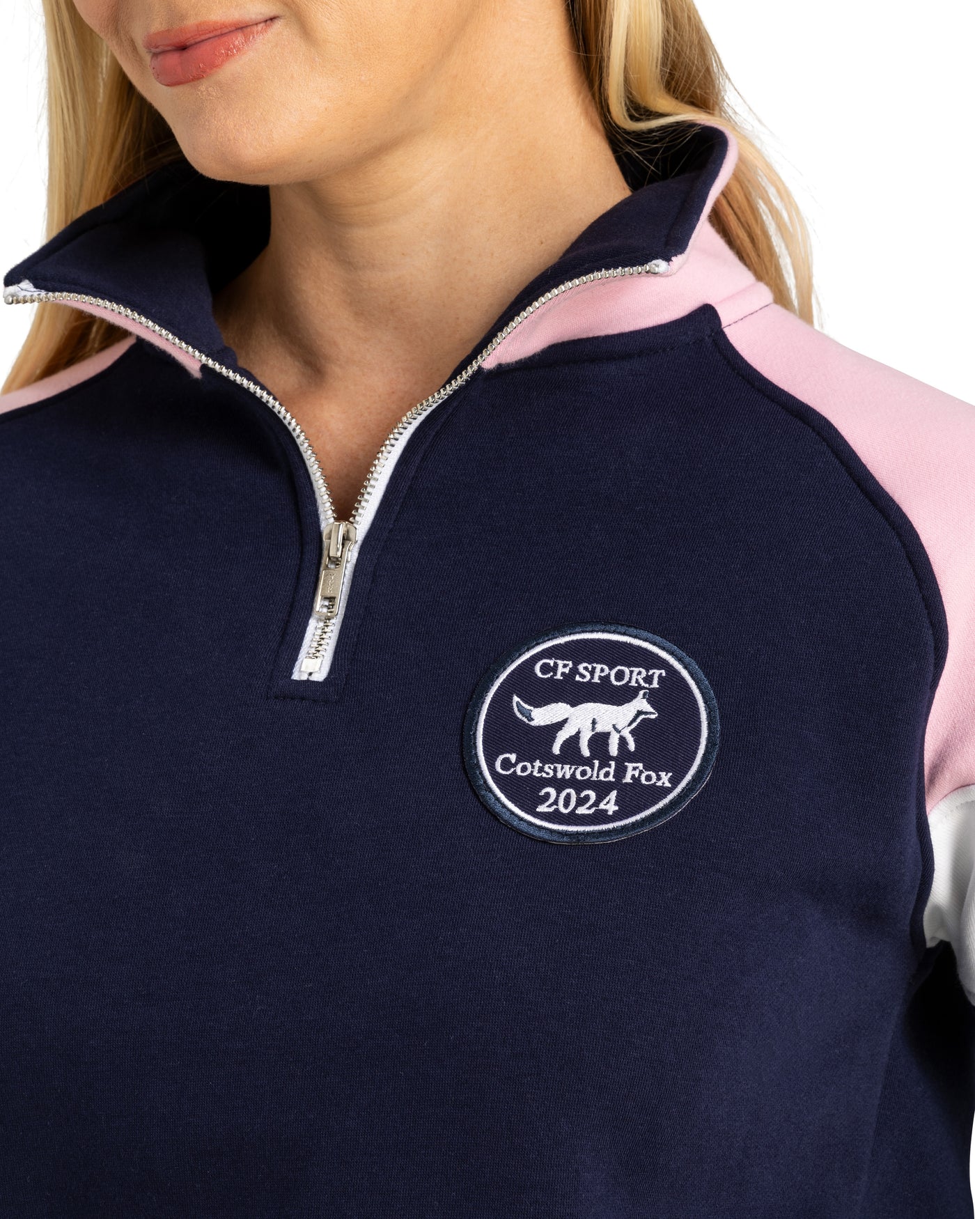 quality cotton navy, pink and white cropped women's quarter zip jumper