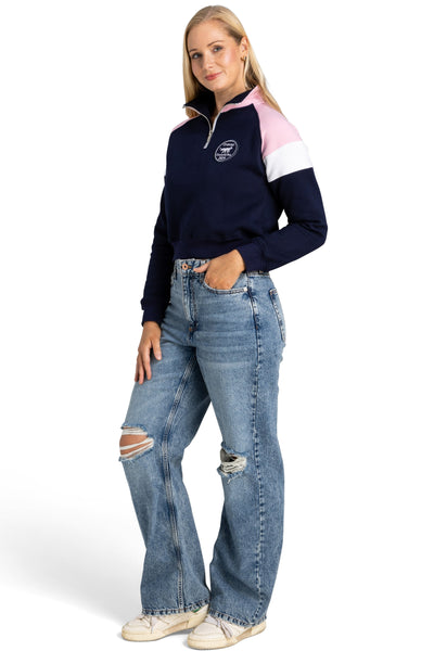 quality cotton navy, pink and white cropped women's quarter zip jumper