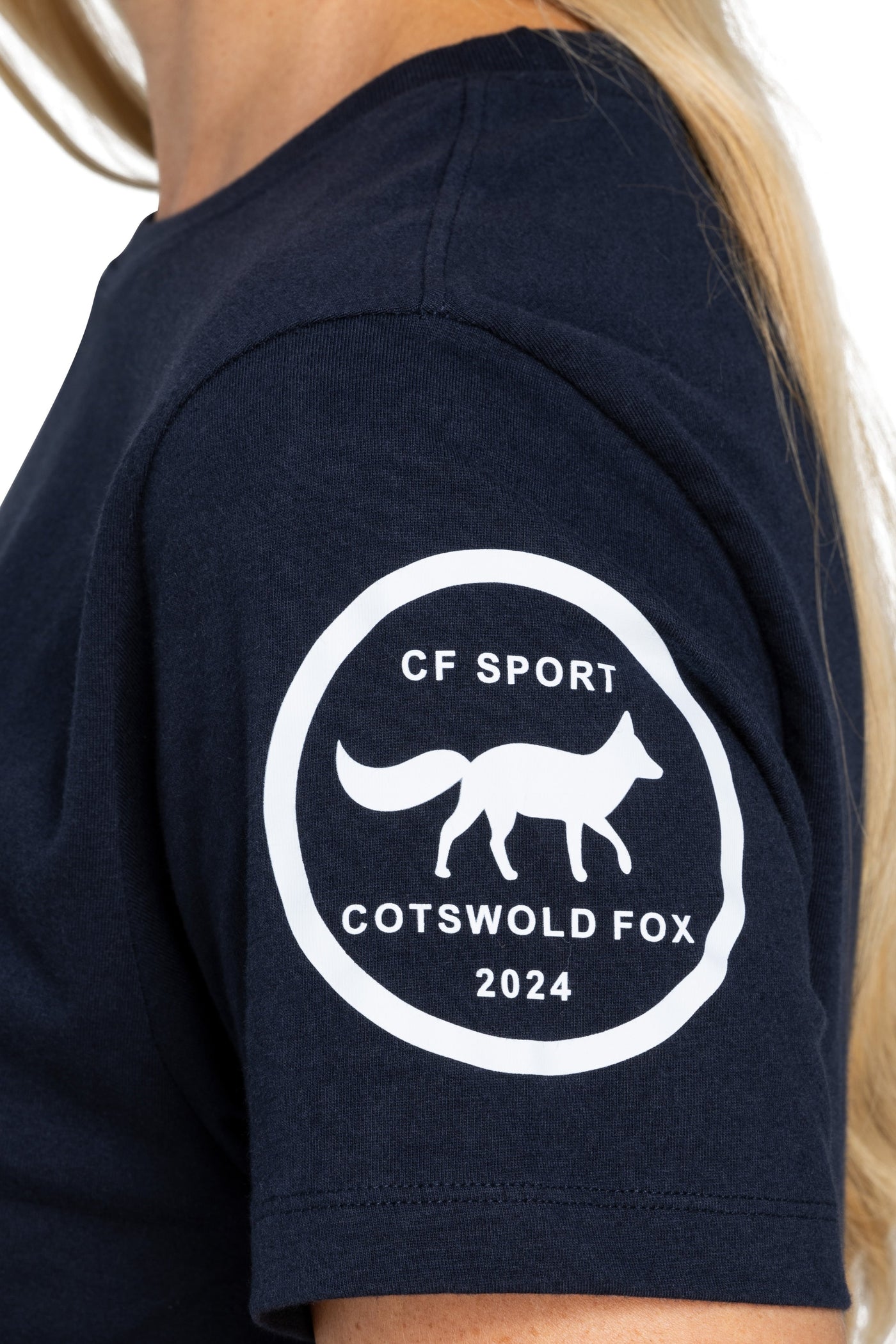 premium quality navy crewneck men's and women's sport t-shirt featuring a racehorse and fox graphic design