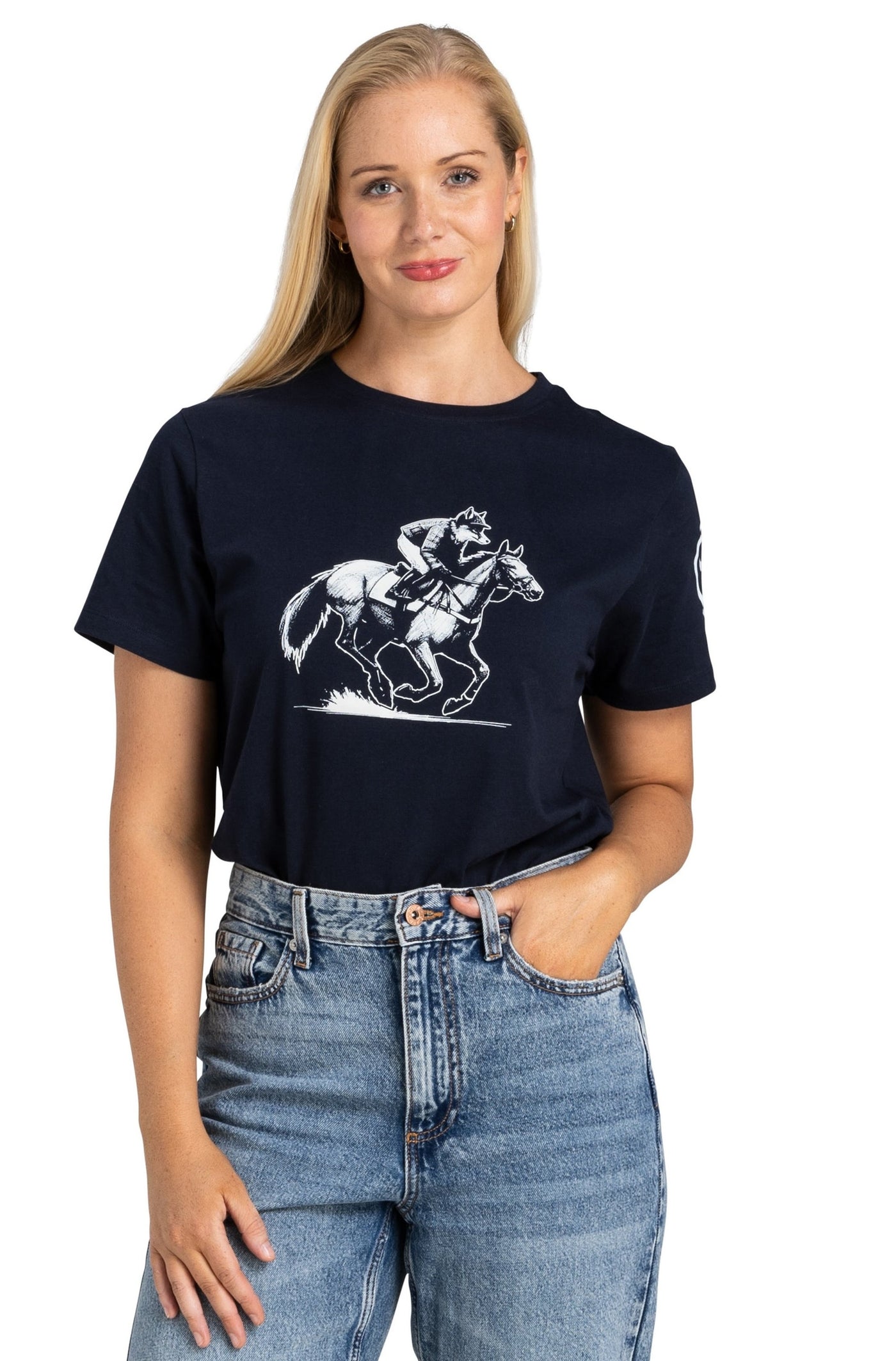 premium quality navy crewneck men's and women's sport t-shirt featuring a racehorse and fox graphic design