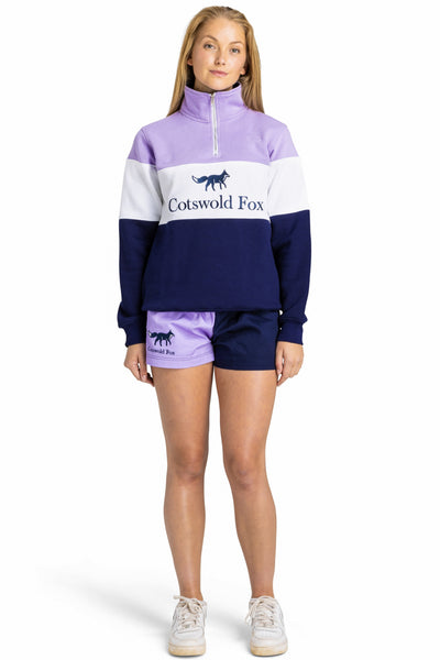 lilac, white and navy premium cotton women's quarter zip fleece jumper