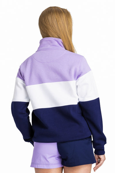 lilac, white and navy premium cotton women's quarter zip fleece jumper