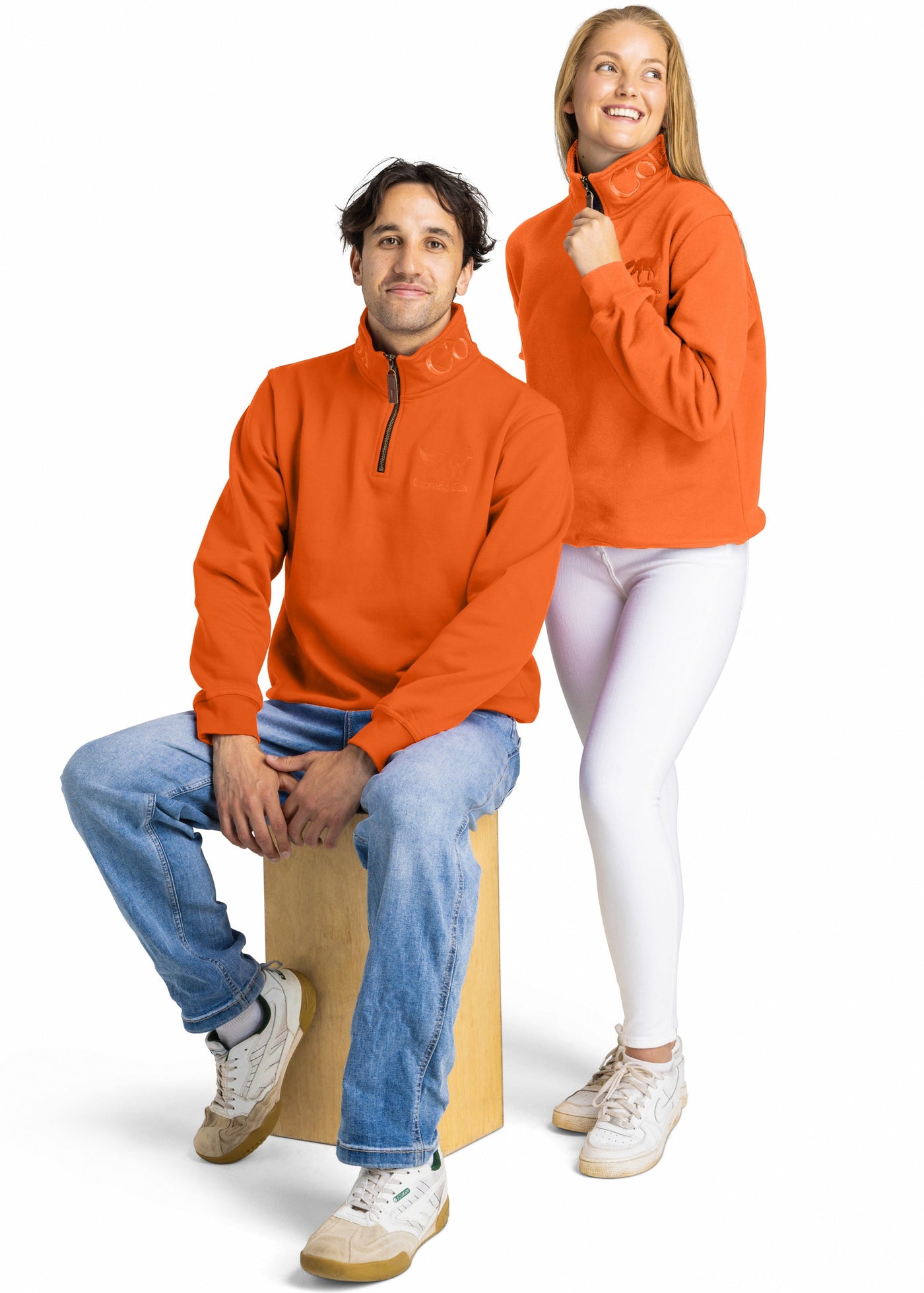 Men's and women's orange premium quality cotton quarter zip fleece jumper.