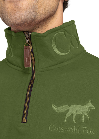 sage green men's and women's quarter zip fleece jumper made from heavyweight premium quality cotton.