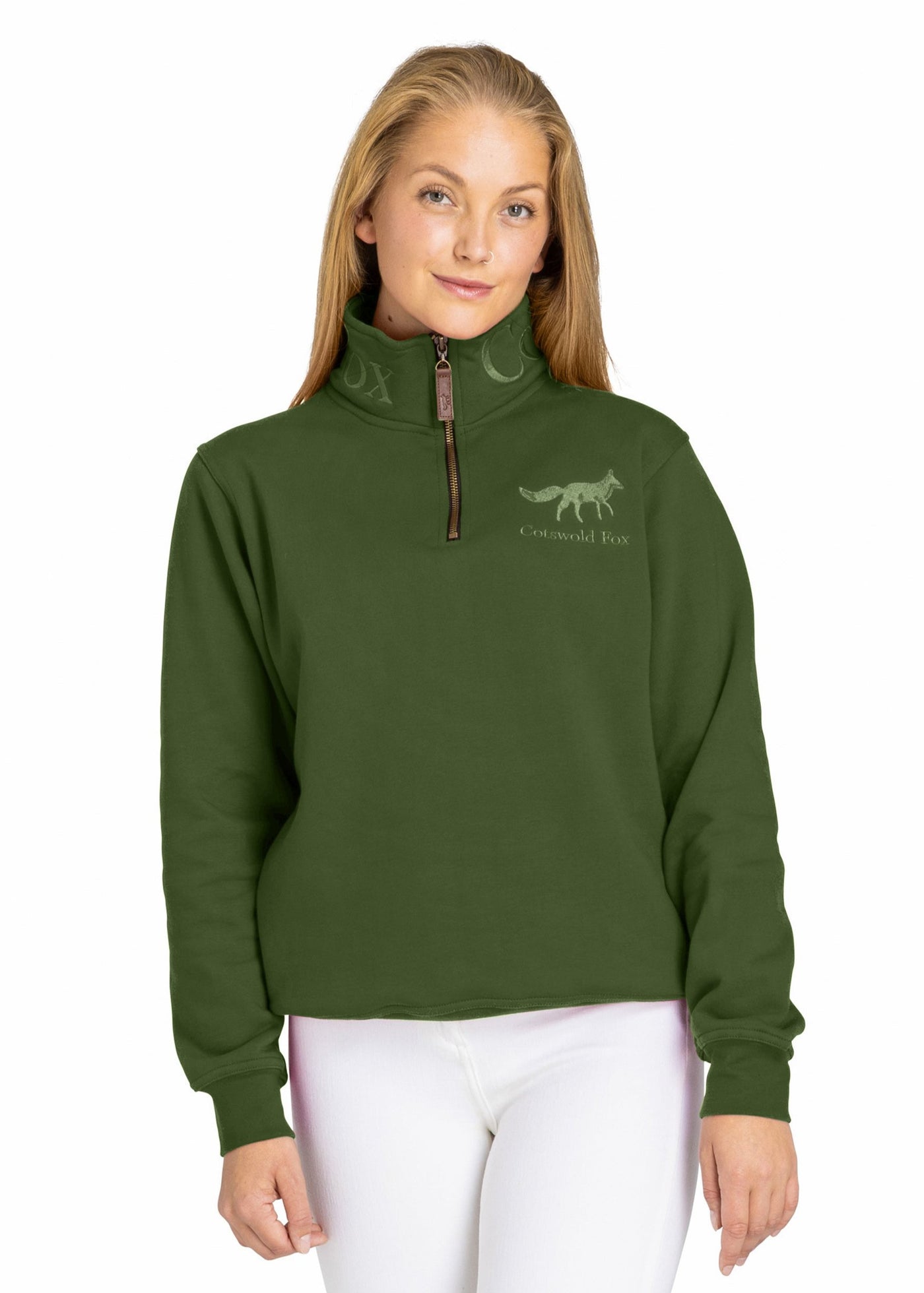 sage green men's and women's quarter zip fleece jumper made from heavyweight premium quality cotton.