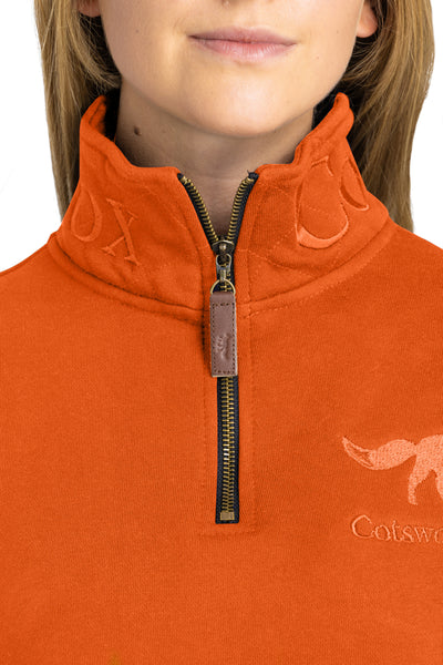 Men's and women's orange premium quality cotton quarter zip fleece jumper.