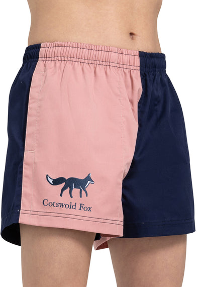 pink and navy harlequin rugby shorts for women