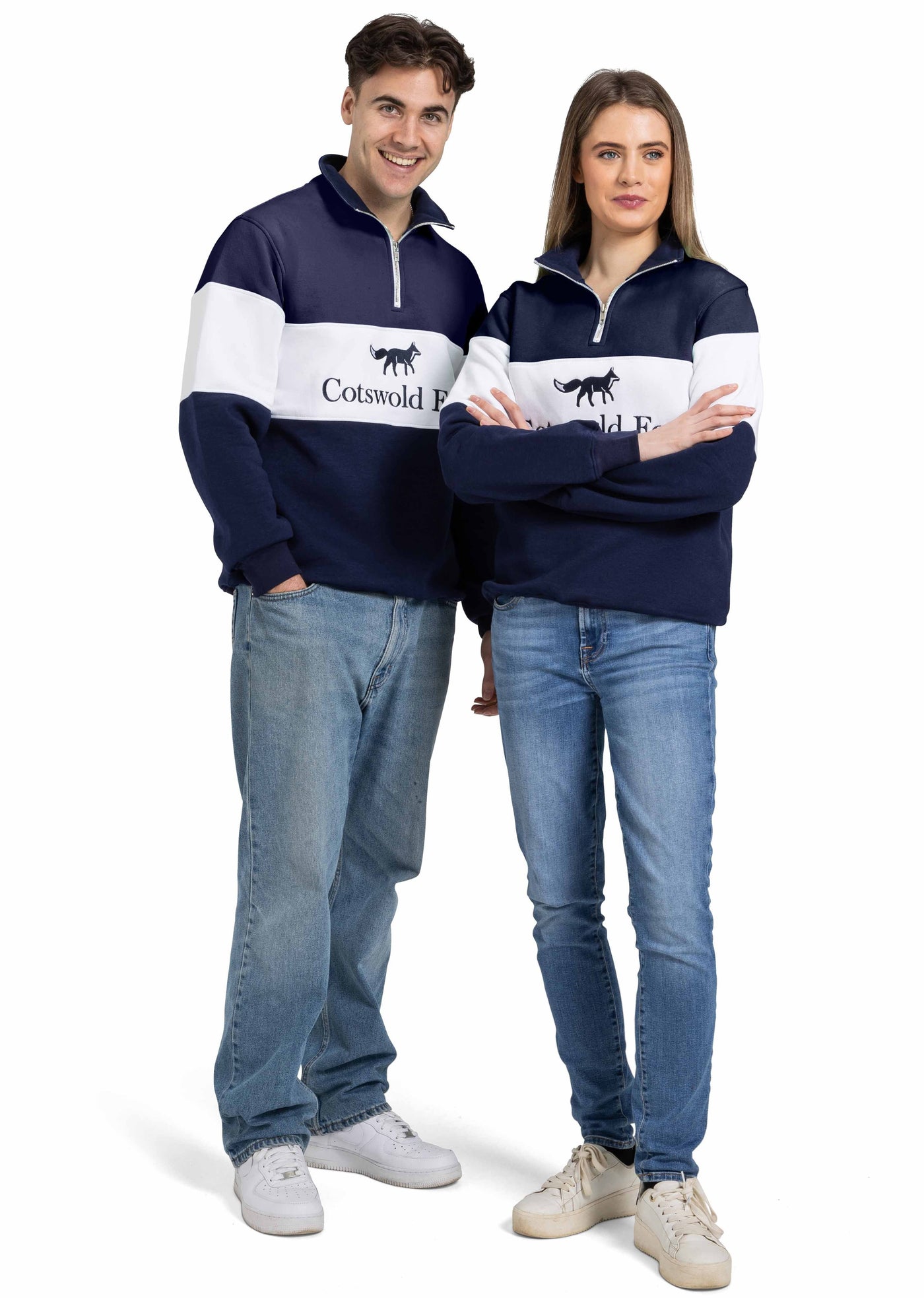 Navy and white block colour unisex quarter zip men's and women's