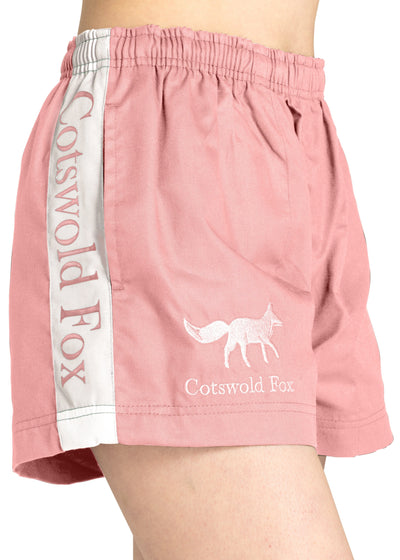 pink and white womens cotton harlquin rugby shorts
