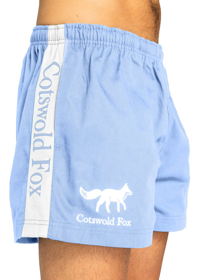 blue and white unisex harlequin rugby shorts