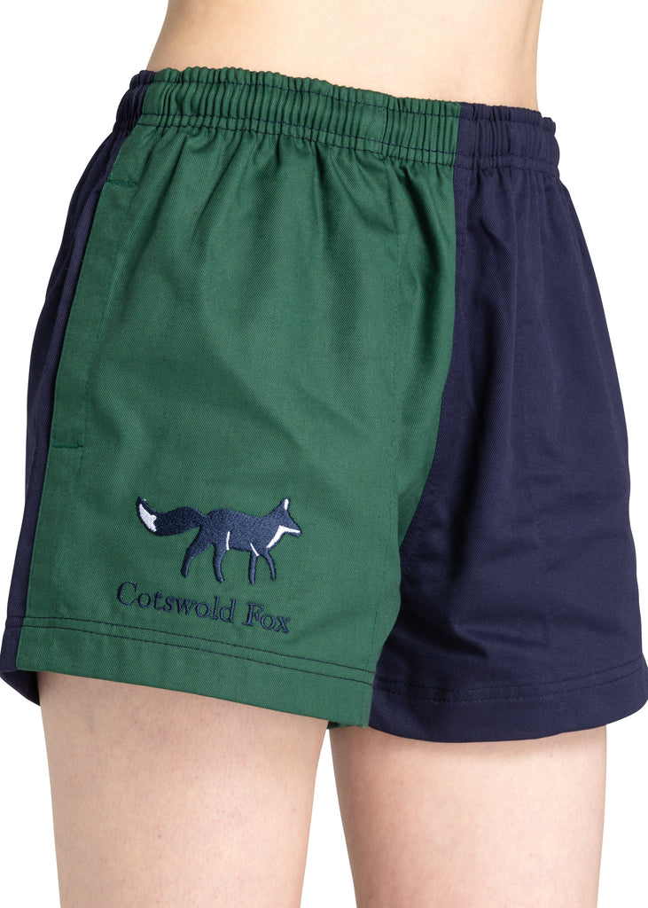 Cotswold Fox, navy blue, green unisex harlequin rugby shorts, 100% cotton. For men and women. 