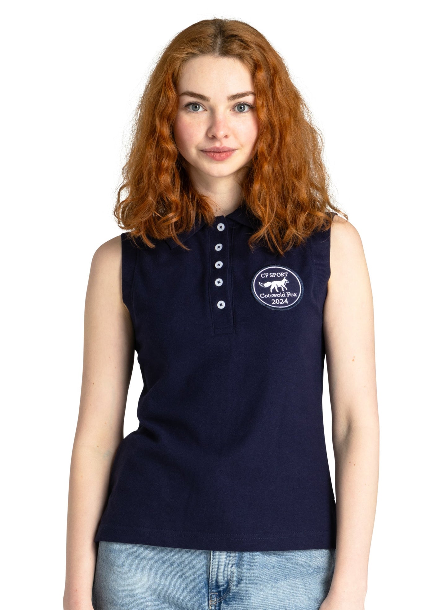 navy blue womens sleeveess cotton polo shirt
