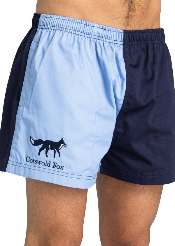 Cotswold Fox, cornflower blue and navy blue rugby harlequin unisex shorts. 