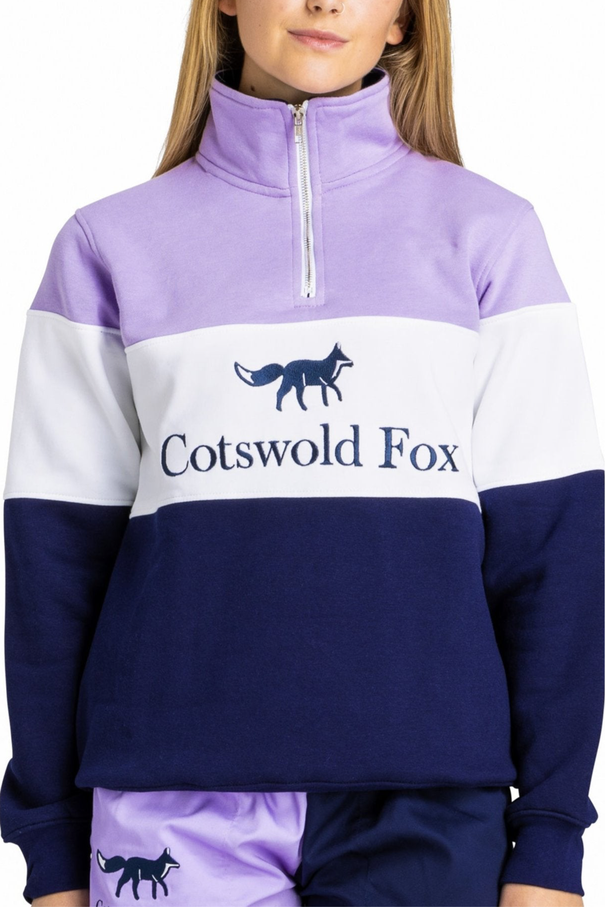 lilac, white and navy premium cotton women's quarter zip fleece jumper