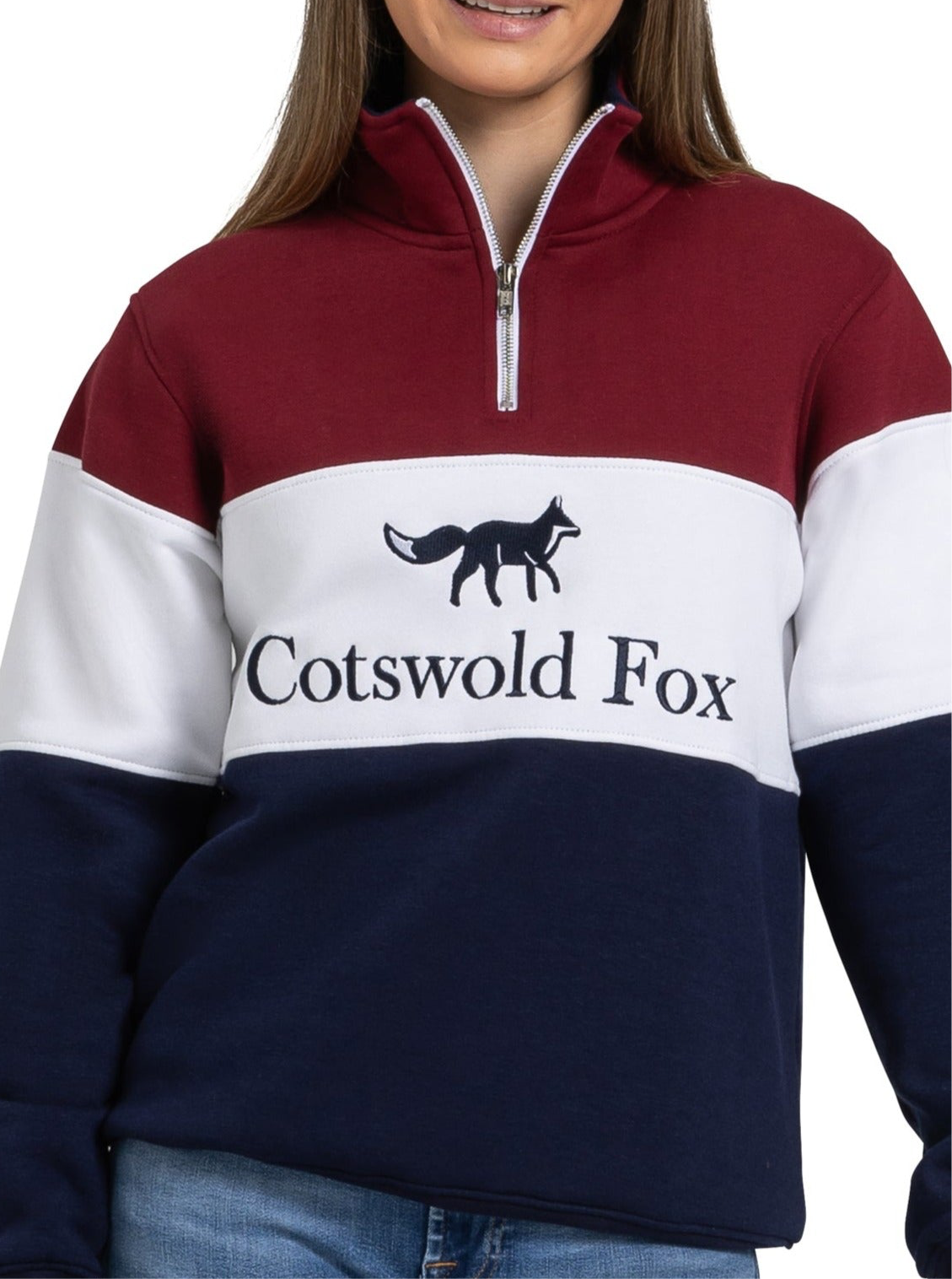 burgundy, navy, white men's and women's quarter zip cotton jumper