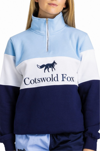 quality cotton cornflower, white and navy quarter zip fleece for men and women