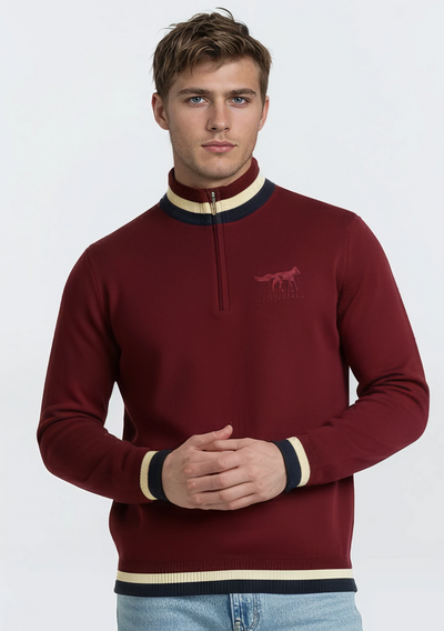 burgundy, navy and cream knitted quarter zip cotton jumper for men and women