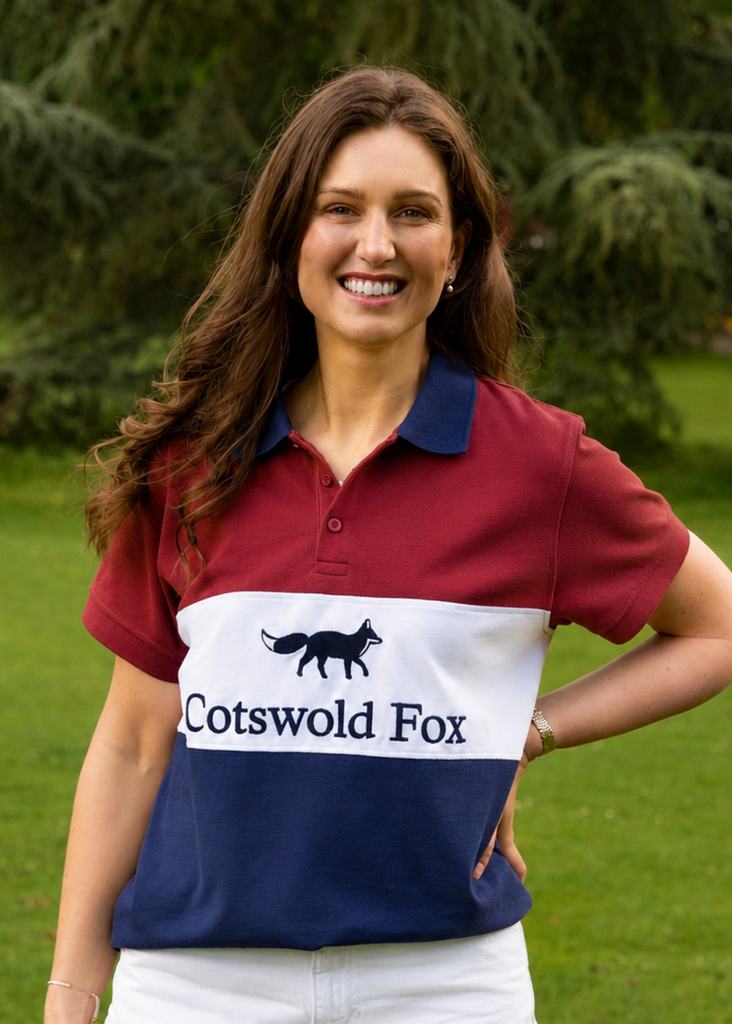 Cotswold Fox 100% organic cotton Cirencester polo top. Burgundy, white and navy blue unisex polo top with navy collar. 