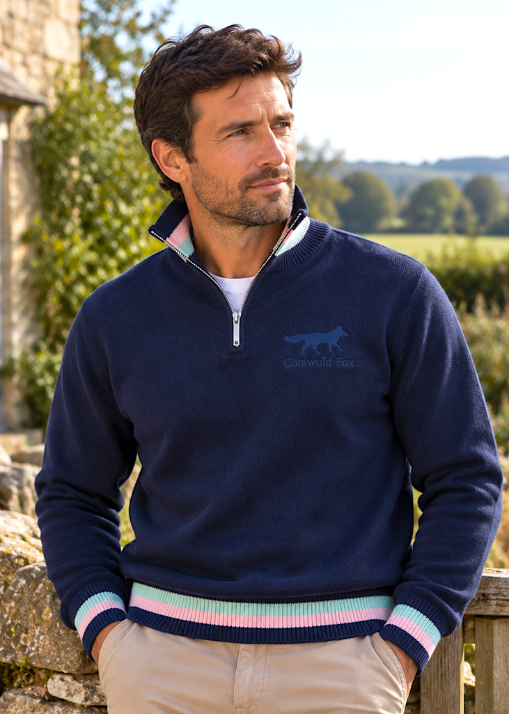 navy blue knitted cotton quarter zip ladies  mens jumper