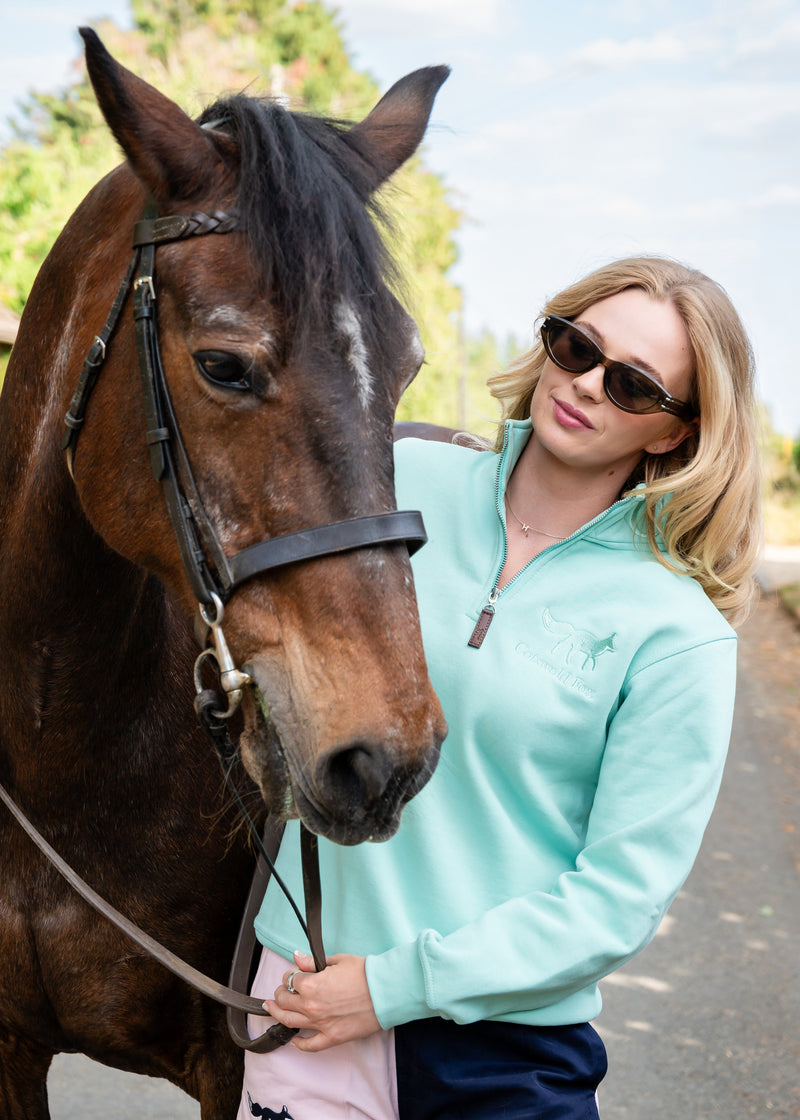 Cotswold Fox, mint green cotton quarter zip jumper for men and women.