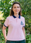 Cotswold Fox 100% organic cotton Heritage polo top. Baby Pink unisex polo top with navy collar and embroidered emblem.