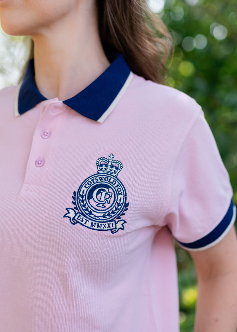 Cotswold Fox 100% organic cotton Heritage polo top. Baby Pink unisex polo top with navy collar and embroidered emblem.