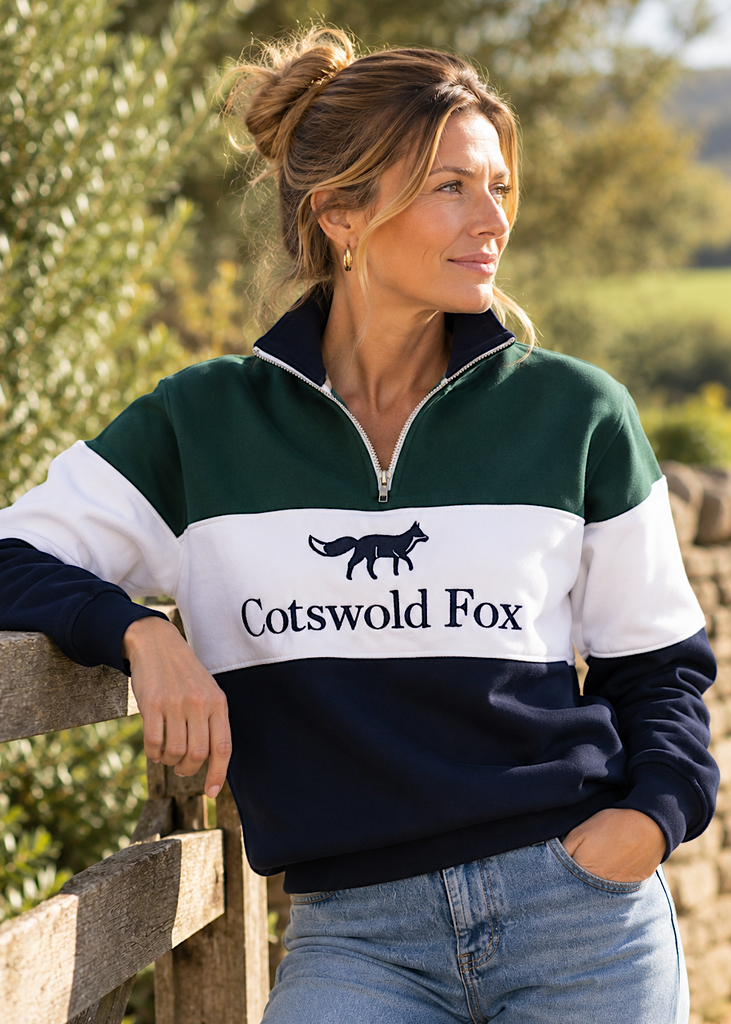 Cotswold Fox, green, navy blue, white fleece cotton quarter zip jumper for men and women. 