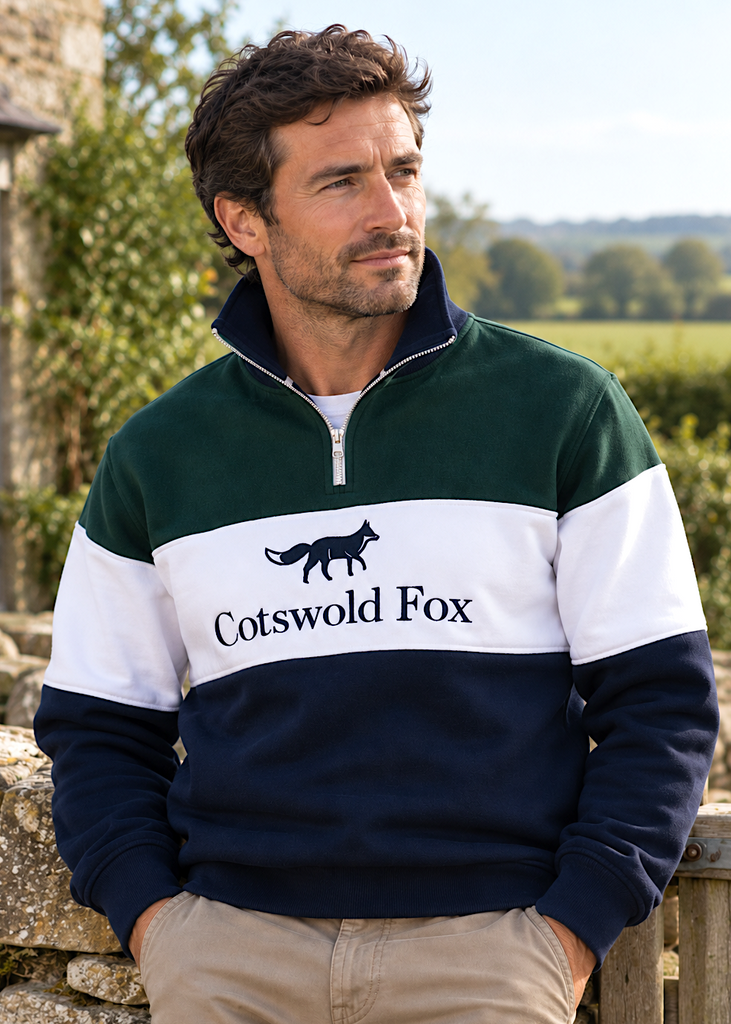 Cotswold Fox, green, navy blue, white fleece cotton quarter zip jumper for men and women. 