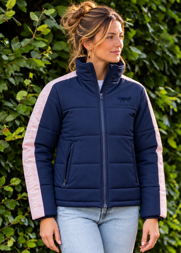 navy blue waterproof puffer bomber style ladies insulated winter jacket