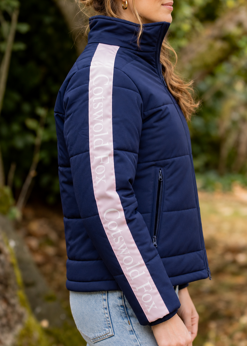navy blue waterproof puffer bomber style ladies insulated winter jacket