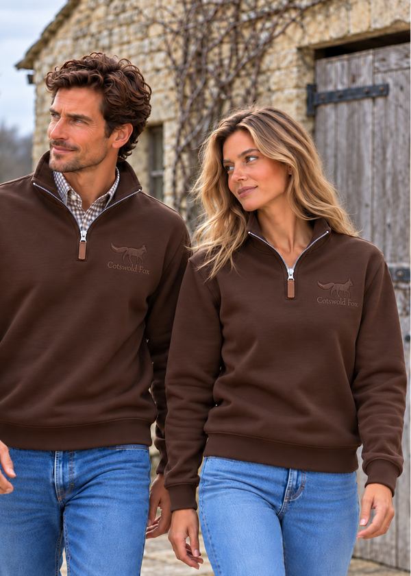 Cotswold Fox, chocolate brown fleece quarter zip cotton jumper for men and women. 