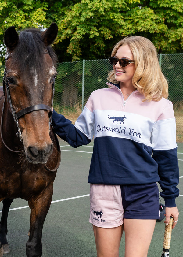 Cotswold Fox, pale pink, white, navy blue, fleece cotton quarter zip jumper for men and women. 