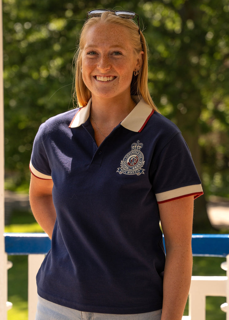 Cotswold Fox 100% organic cotton Heritage polo top. Navy blue unisex polo top with  white collar and embroidered emblem.