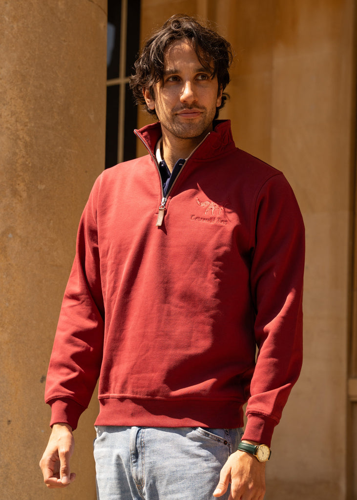 Cotswold Fox, burgundy fleece quarter zip cotton jumper for men and women. 