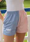 Cotswold Fox unisex harlequin rugby shorts with pockets. Baby pink and cornflower blue with elasticated waistband for men and women. 