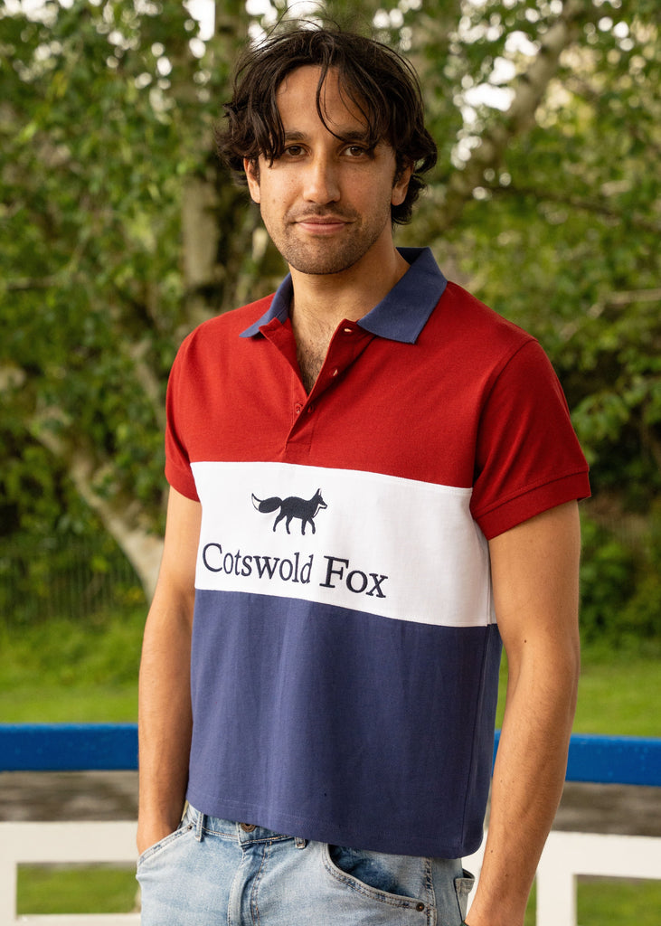 Cotswold Fox 100% organic cotton Cirencester polo top. Burgundy, white and navy blue unisex polo top with navy collar. 