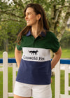 Cotswold Fox 100% organic cotton Cirencester polo top. Racing green, white and navy blue unisex polo top with navy collar. 