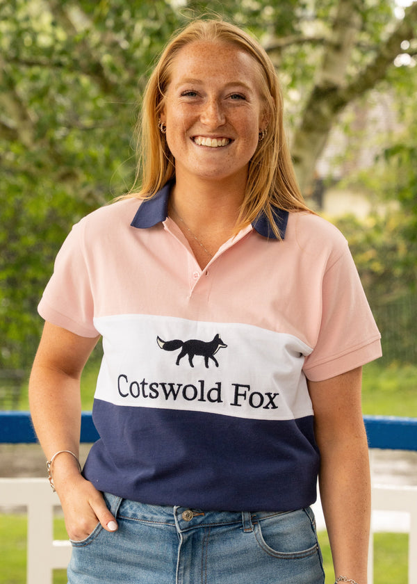 Cotswold Fox 100% organic cotton Cirencester polo top. Baby Pink, white and navy blue unisex polo top with navy collar. 