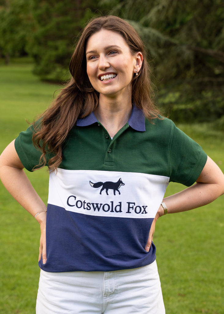 Cotswold Fox 100% organic cotton Cirencester polo top. Racing green, white and navy blue unisex polo top with navy collar. 
