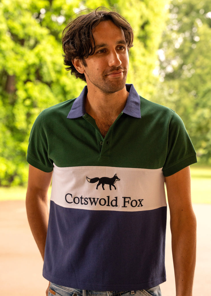 Cotswold Fox 100% organic cotton Cirencester polo top. Racing green, white and navy blue unisex polo top with navy collar. 
