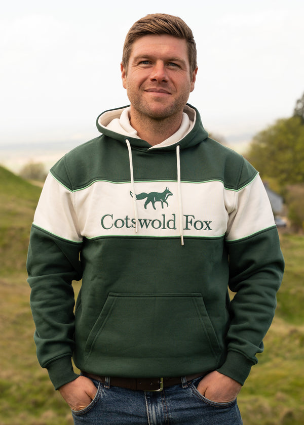 Cotswold Fox, Green, white unisex fleece hoodie for men and women. 