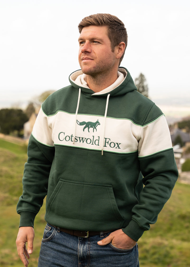 Cotswold Fox, Green, white unisex fleece hoodie for men and women. 