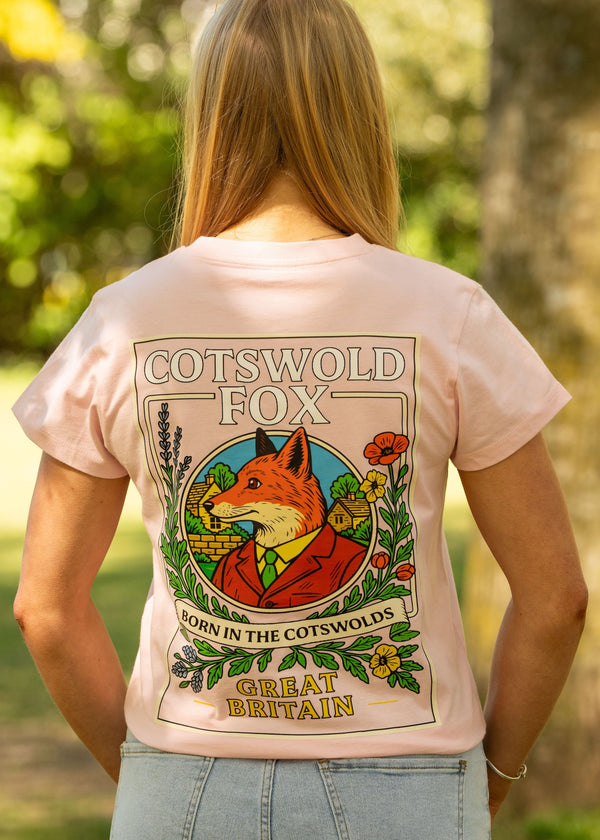 Cotswold Fox, Pale Pink graphic t-shirt made from 100% organic cotton for women. 